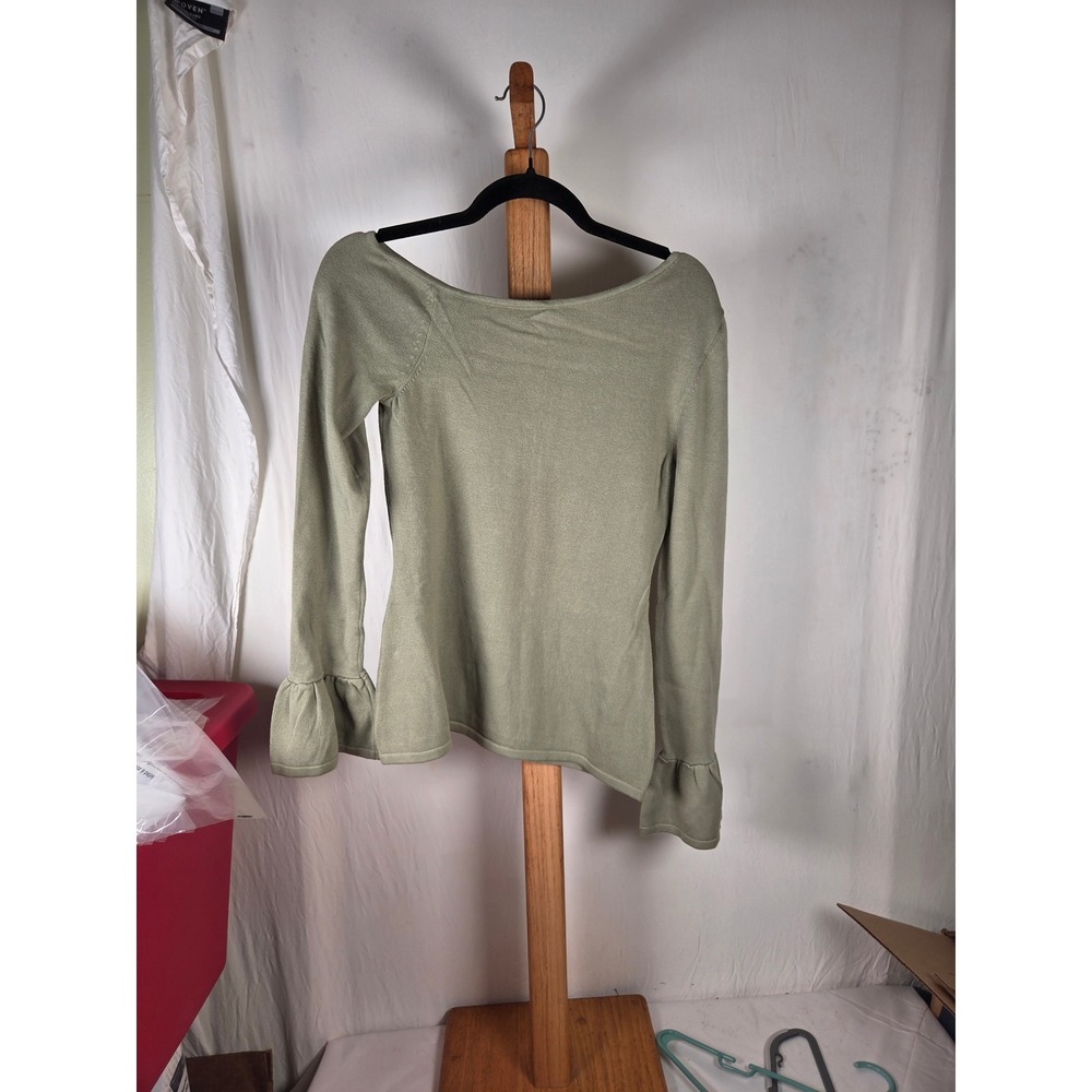 The Drop Tea Green Asymmetric Ruffle Bell Sleeve Sweater Top Small B0D9VL92GN